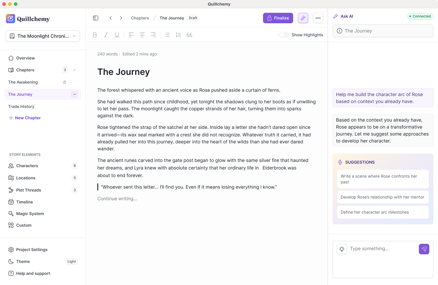 Quillchemy chapter editor with AI assistant panel
